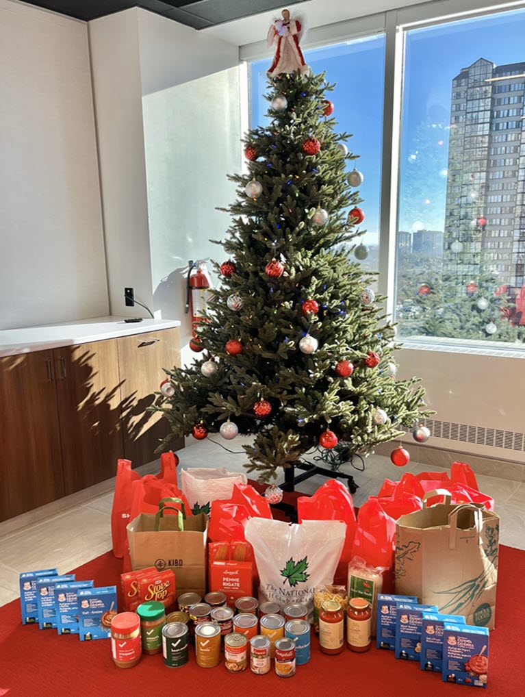 A Christmas tree with donation groceries around it from Albert Brandstatter.