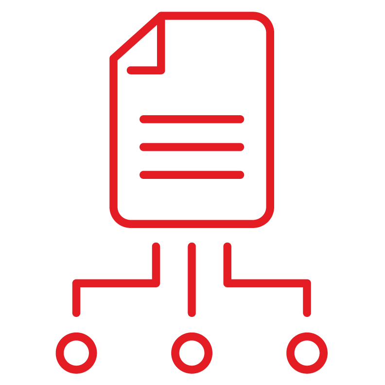 Pictogram of a sheet of paper with three lines branching out.