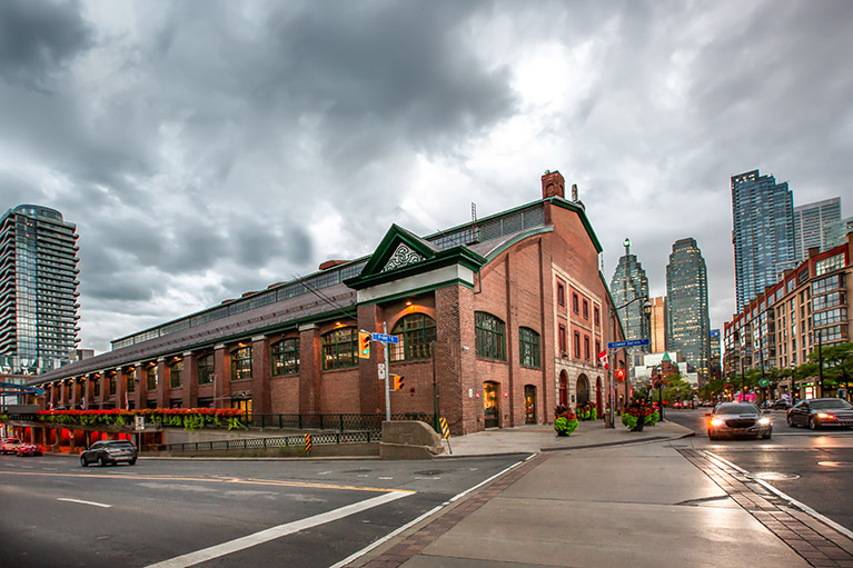 looking west in Toronto with St Lawrence Market in the foreground
