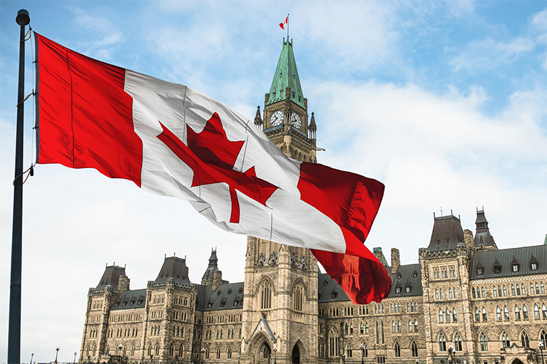Canadian Flag in front of Canadian parliament buildings