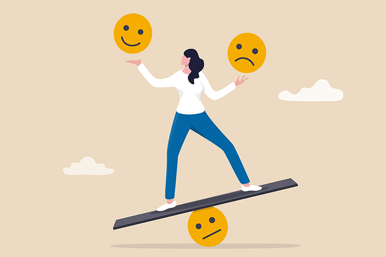 cartoon woman balancing a happy face in one hand, sad face on another and neutral face below her