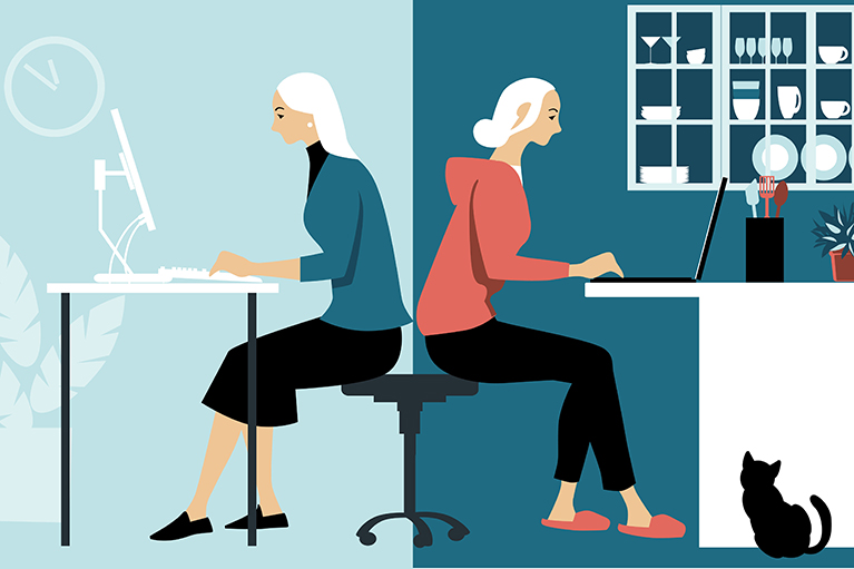 cartoon depiction of the same woman sitting back to back - one is sitting at a desk in an office and the other is in casual clothes working at home