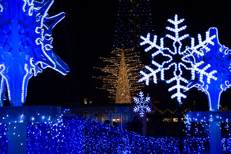 image of large snowflake in lights in foreground with a lit up tree in background.  Background is all dark