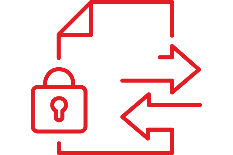 red icon showing a rectangle representative of a document with vertical arrows point  left and right with an outline of a padlock overlaid part of the image