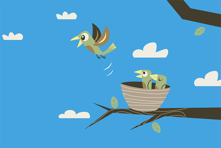 cartoon image of a tree branch with a nest containing 2 birds and one bird flying out of the nest