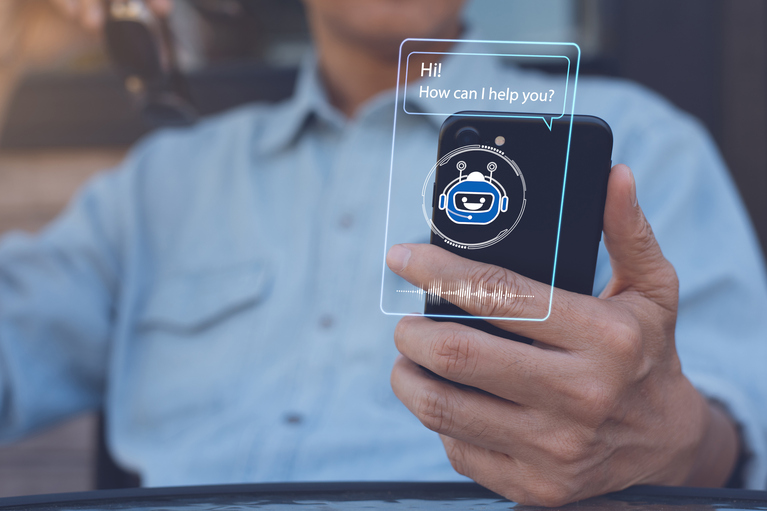 Chatbot assistant conversation, Ai Artificial Intelligence technology concept. Casual man chatting with chatbot via mobile smart phone application on virtual screen