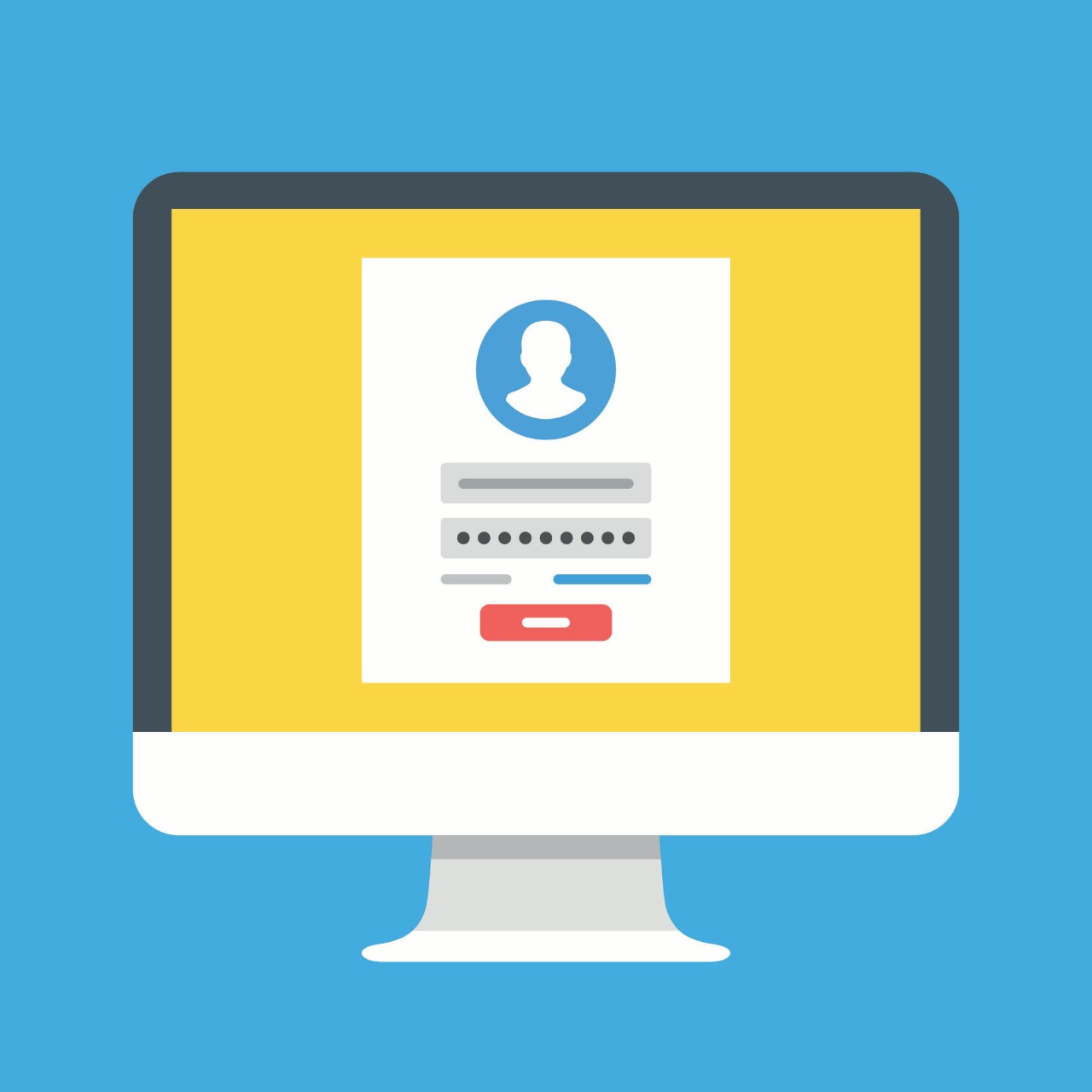 cartoon image of computer monitor showing a login page