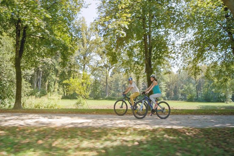 couple cycling on a path through a park