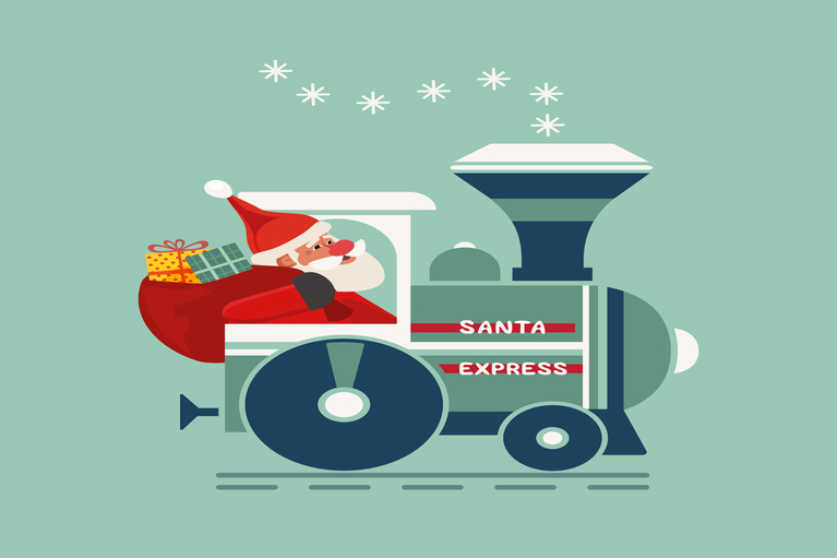 cartoon image of Santa in a train