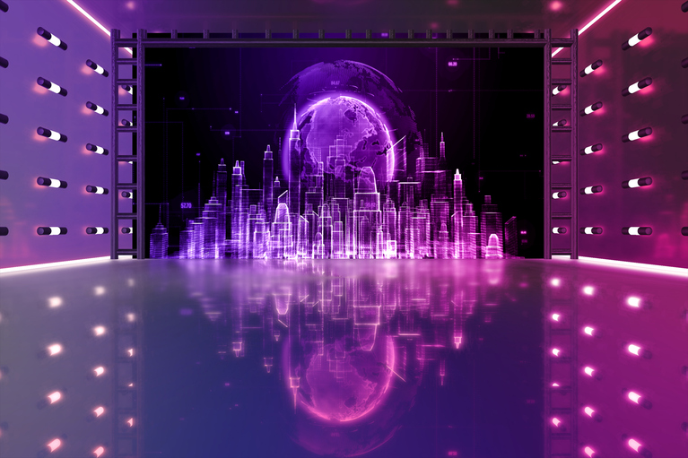 an immersive art wall showing outline of a fictitious city