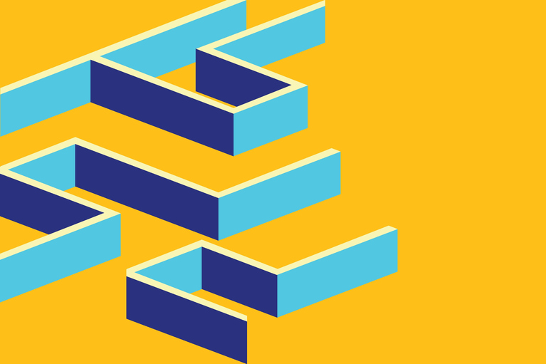 graphic design showing parts of a blue maze on a yellow background