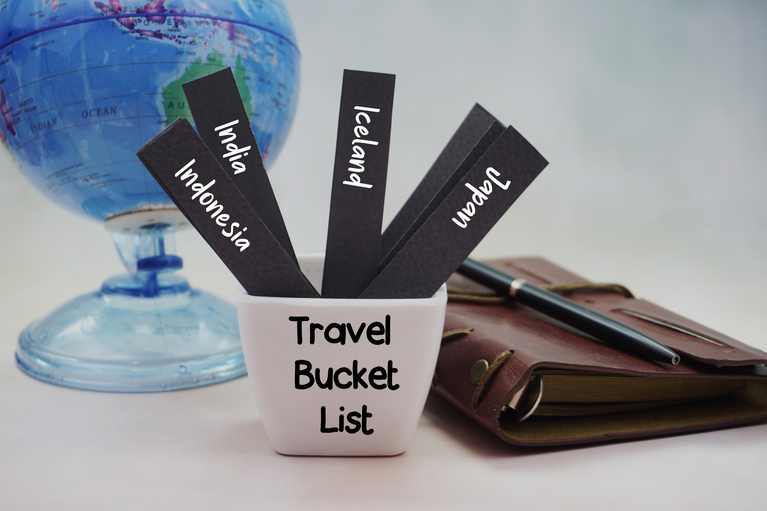 cup labeled Travel Bucket List with names of contries on slips of paper - sitting on desk with a globe and briefcase