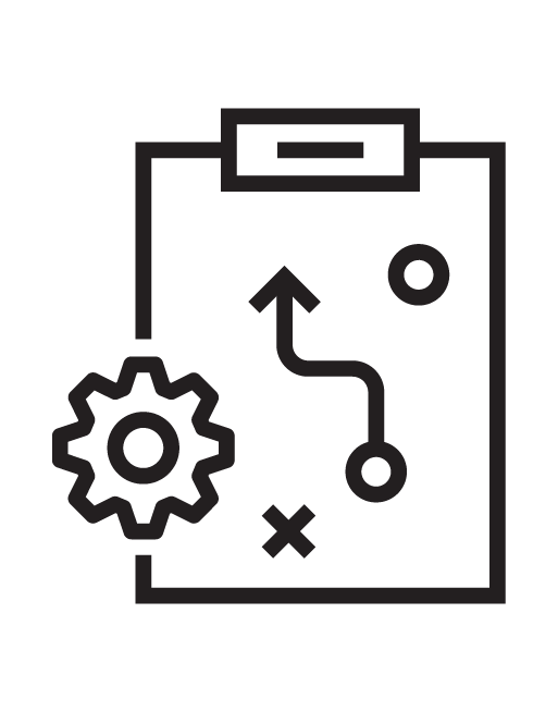 An illustration of a clipboard with a cog and an arrow on it.