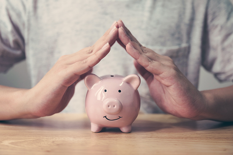 Small piggy bank in the shape of a pig protected by two joined hands like a roof above