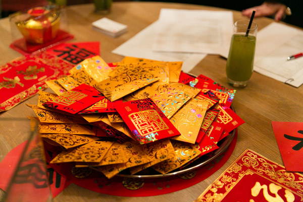 Envelopes on a table during Chinese New Year Celebration.