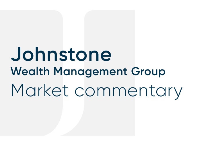 An image with the following text: Johnstone wealth group Market Commentary. On a gray square with the letter J.