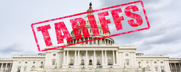 Image of the U.S. Capitol building with a large red stamp reading 'TARIFFS' over it.