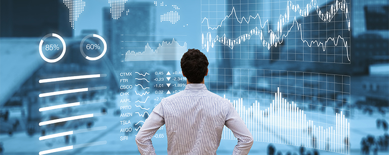 Person analyzing financial dashboard with KPI and business district background