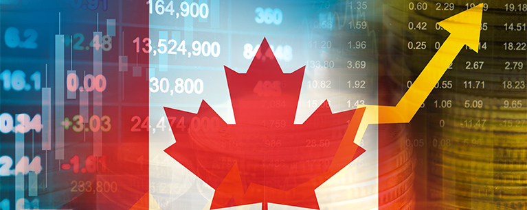 Canadian flag with stock market finance, economy trend graph digital technology