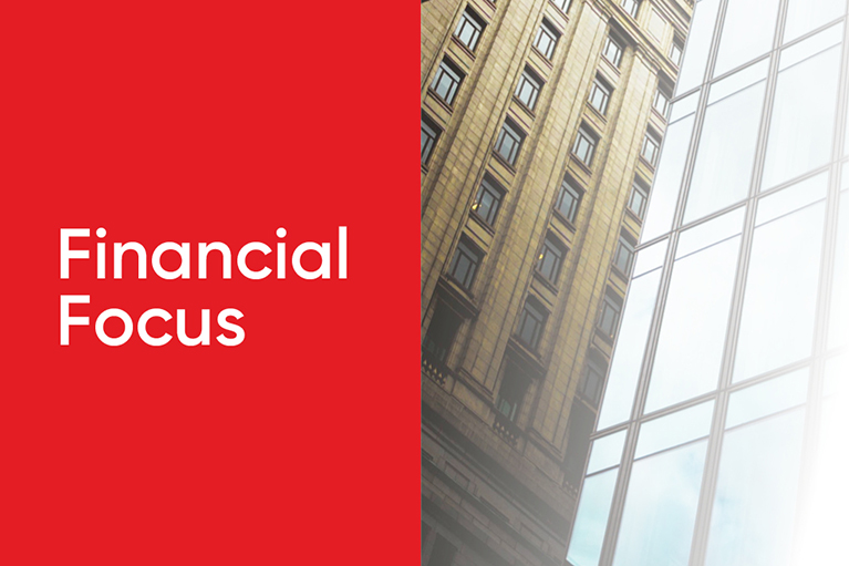 Image of a building with a red background placed on the left with financial focus written on it.
