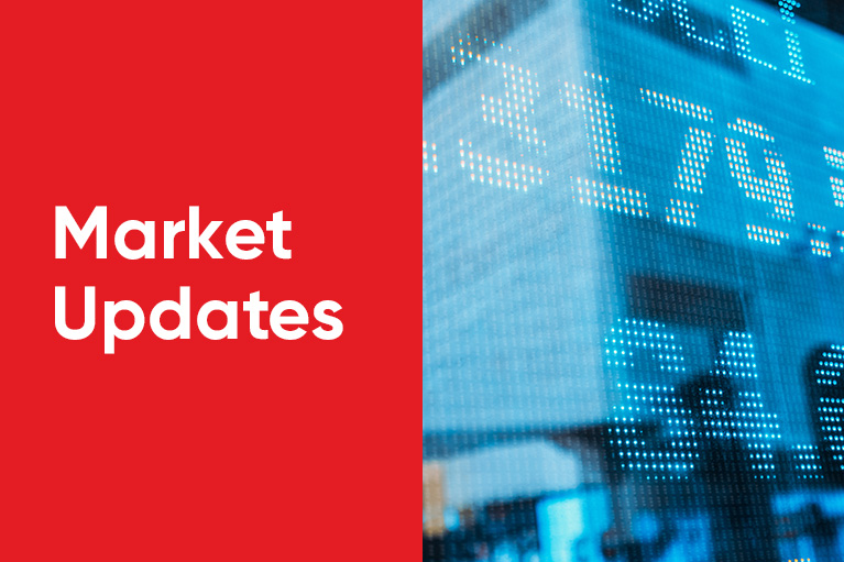 Market updates in a red square with a blue stock market ticker next to it