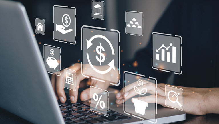 A hand typing on a keyboard, and on top of it icons of graphs, fluctuations, currency.