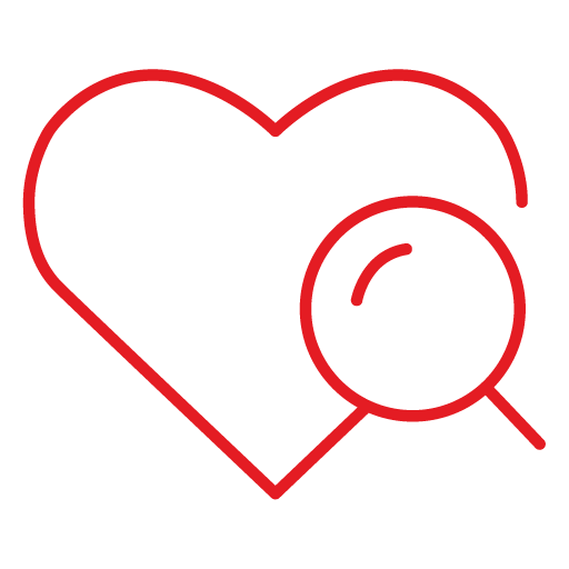 Pictogram of a magnifying glass on a heart symbolizing our transparency.