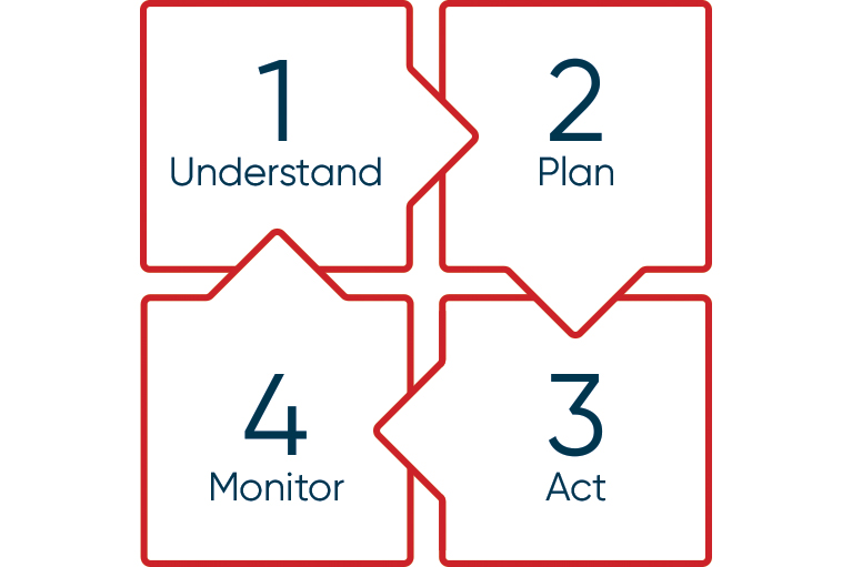 4 steps Process: Understand, Plan, Act and Monitor