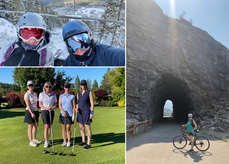 Woman biking, golf and ski.