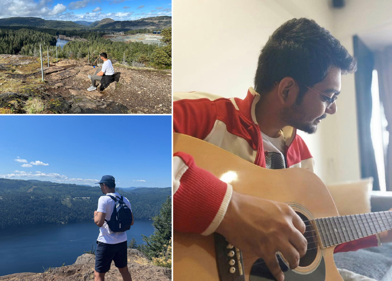 Man alone playing guitar and outdoor activities.