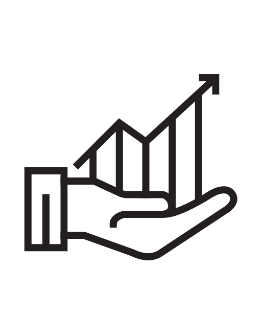 An illustration of a hand holding a upwards trending graph