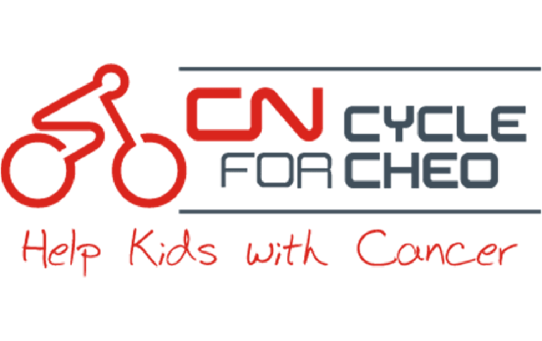 red illustration of a cyclist on a bicycle next to CN cycle for cheo help kids with cancer
