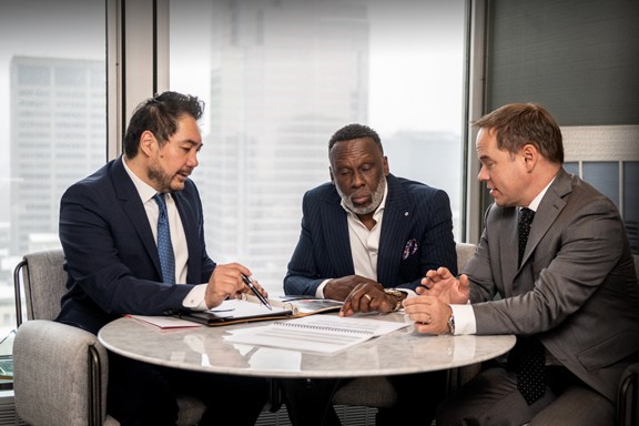 Bruny Surin meeting with the VP Team at National Bank Financial, a partner of the Bruny Surin Foundation and a committed supporter of local community development.